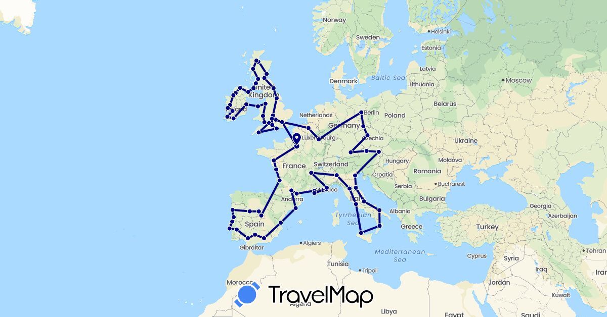 TravelMap itinerary: driving in Austria, Belgium, Czech Republic, Germany, Spain, France, United Kingdom, Ireland, Italy, Luxembourg, Monaco, Portugal, San Marino (Europe)